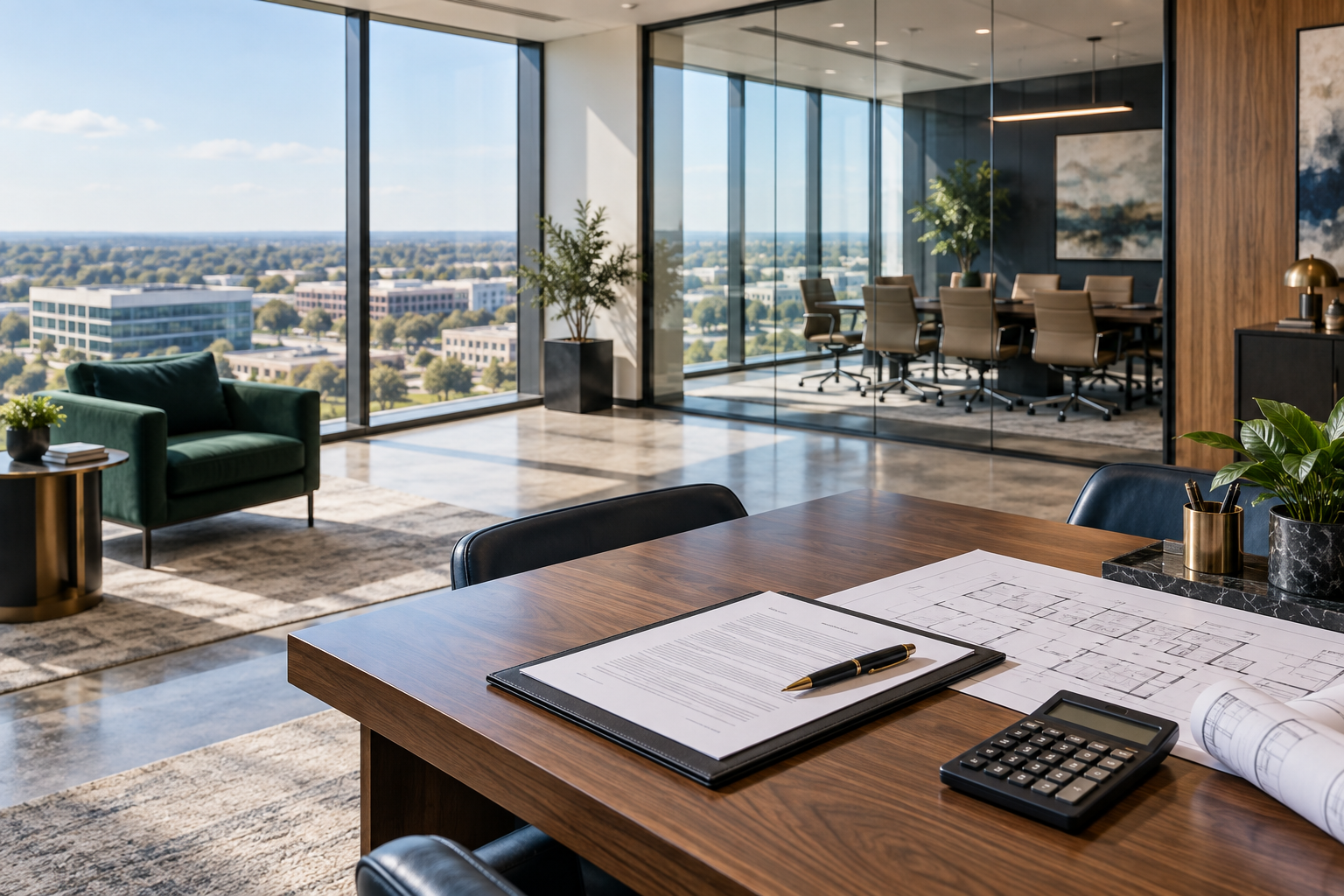 Modern commercial office with lease documents and floor plans prepared for review